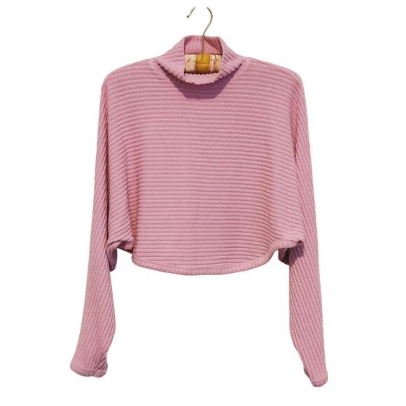 Pilcro Ribbed Turtleneck Batwing Cropped Sweater XS Pink Soft Cozy Quiet Luxury - Picture 2 of 6